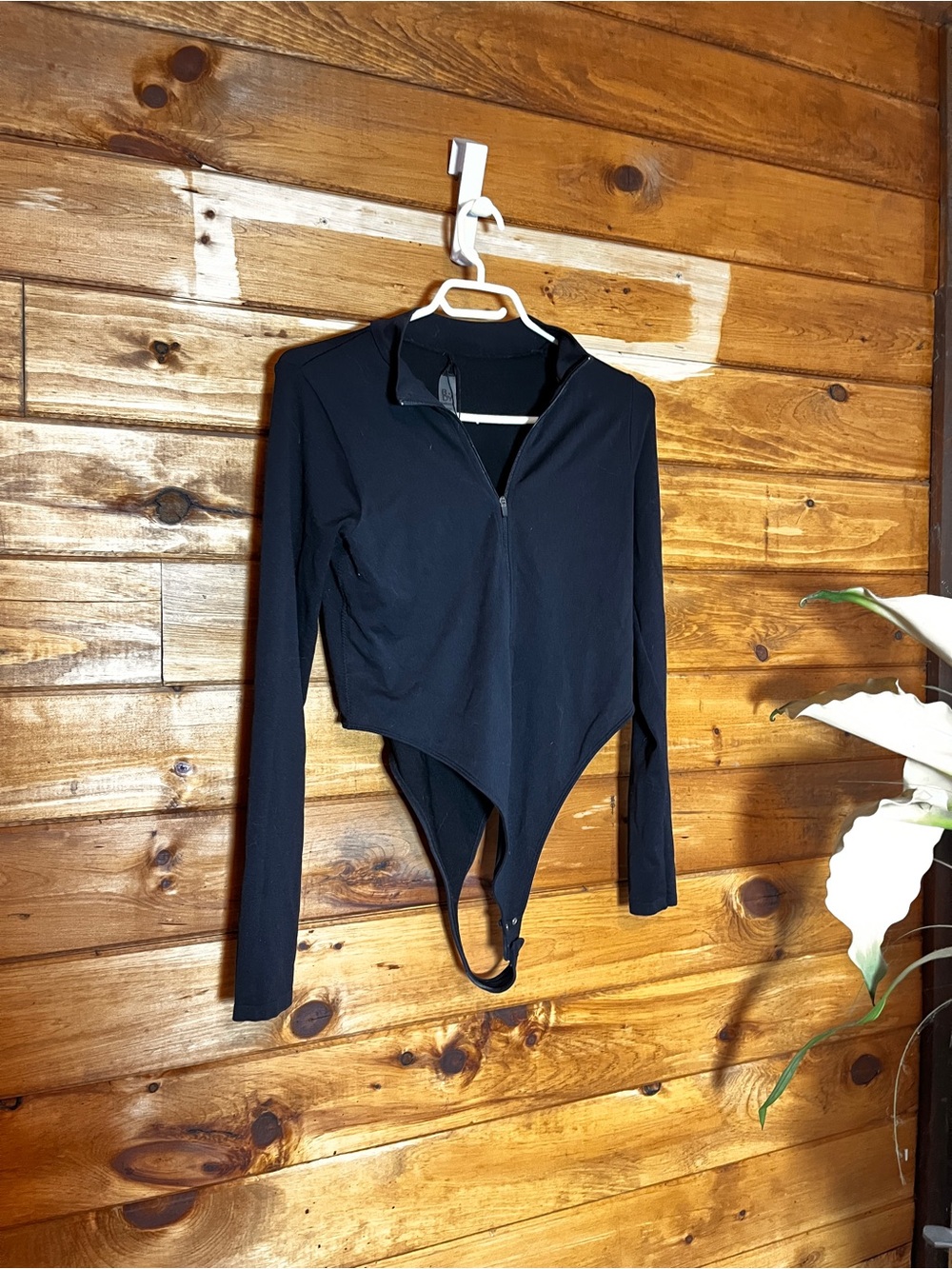 Women's Black Long-Sleeve Zip Front Bodysuit